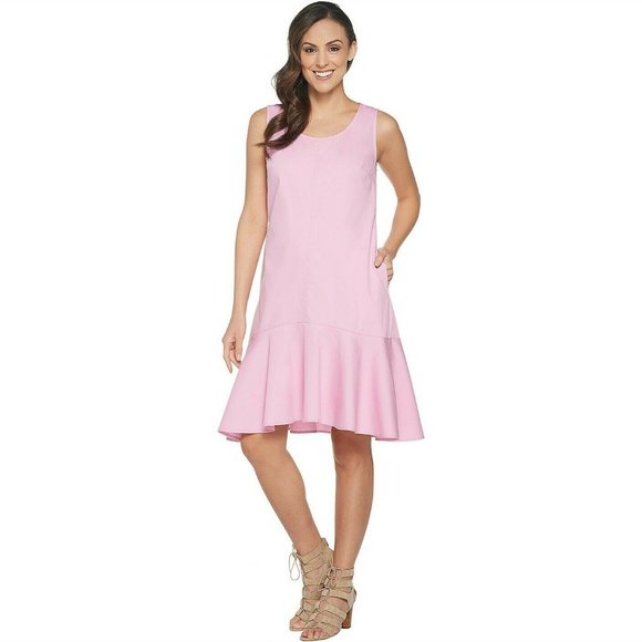 NWT JOAN RIVERS PINK REGULAR LENGTH SLEEVELESS DENIM DRESS WITH FLOUNCE MEDIUM - Picture 1 of 12